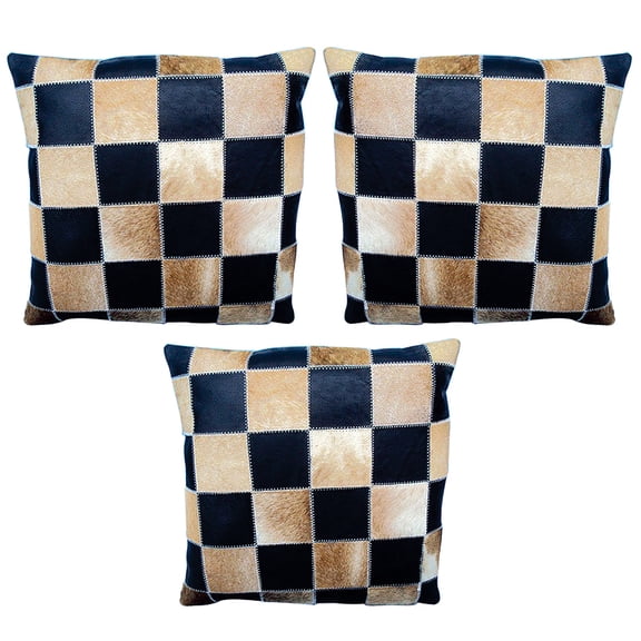 Set Of 3 Smooth Leather Patchwork Cushion Pillow Cover 16 X 16
