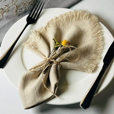 Holzlrgus Handmade Cloth Napkins, Cotton Linen Cloth Napkins with Fringe, Versatile Handmade Square Rustic Fringe Napkins for Dinner, Wedding and Parties, 18 x 18 Inches Set of 4, Beige