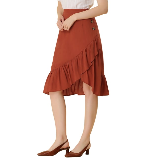 INSPIRE CHIC Falda asimétrica con dobladillo con volantes de color sólido y cintura alta con decoración de botones para mujer Rojo ladrillo XL