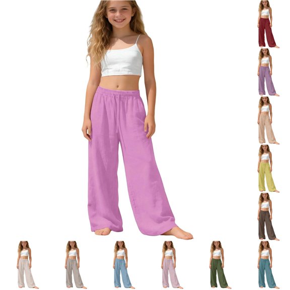 WhouRiu Girls Casual Palazzo Pants Solid Color Baggy Wide Leg Drawstring Waist Pants Kids Summer Comfortable Lightweight Trousers,14-15 Years