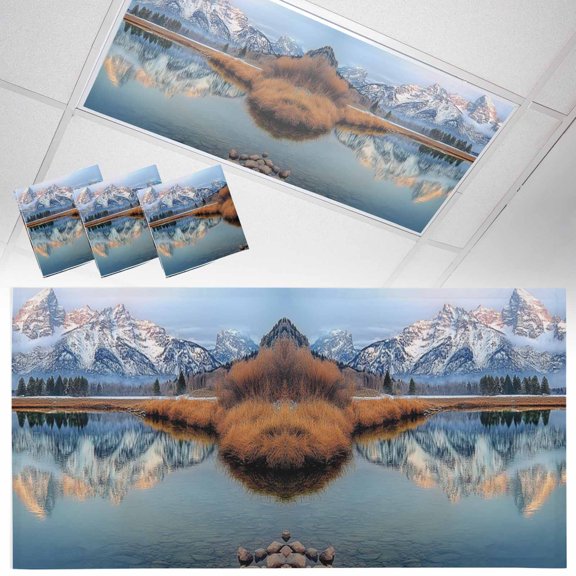 3 Pack Magnetic Fluorescent Light Covers, 2x4 Ft,Landscape Sky Modern Snow Mountain Forest Lake Magnetic Light Covers for Ceiling Lights Classroom Office Home Decor