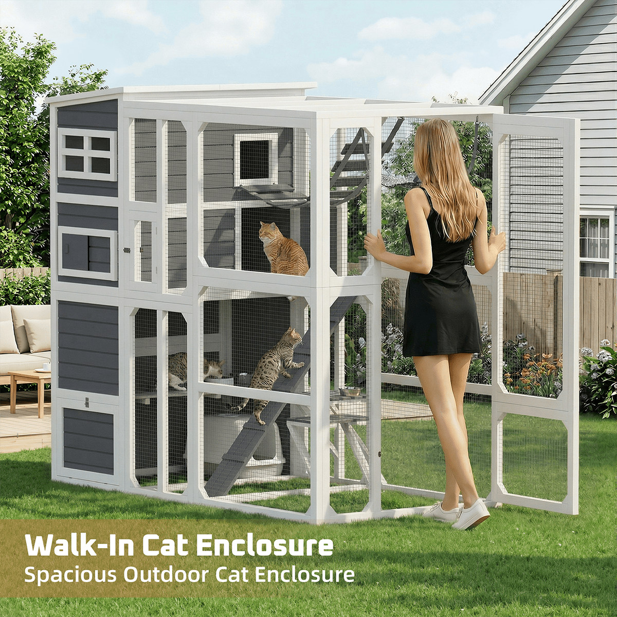 TPHORK Large Catio Outdoor Cat Enclosure, Wooden Cat Cage Indoor Cat House Playpen for Multiple Cats with Waterproof Roof,Platforms, Resting Box, Bridges, Hammock, Ladder,76"L x 36"W x 69"H(White)