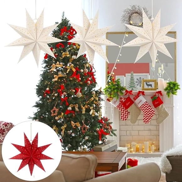 JASKFLY Star Hanging 9-Pointed Star Light Lampshade Foldable Hanging Decor with Hollow Cut-Outs for Christmas Party Patio Nursery 1 Pack,Home Decor|Paper,Red