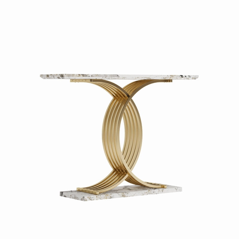 Accent Console Sofa Table with Gold Intertwined Crossed Metal Base, Entryway Display Side Table with Faux Marbling Top