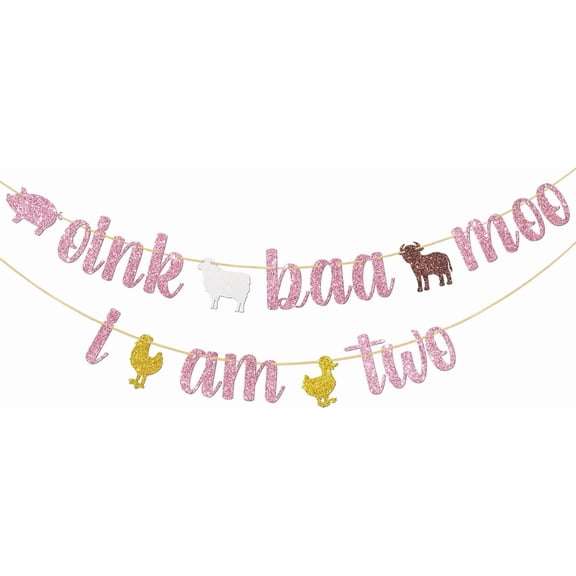 Oink Baa Moo I am Two Banner, Farm Animal 2nd Birthday Party Decorations for Girls, Farm Animals Theme Barnyard Second Birthday Party Supplies, Pink Glitter