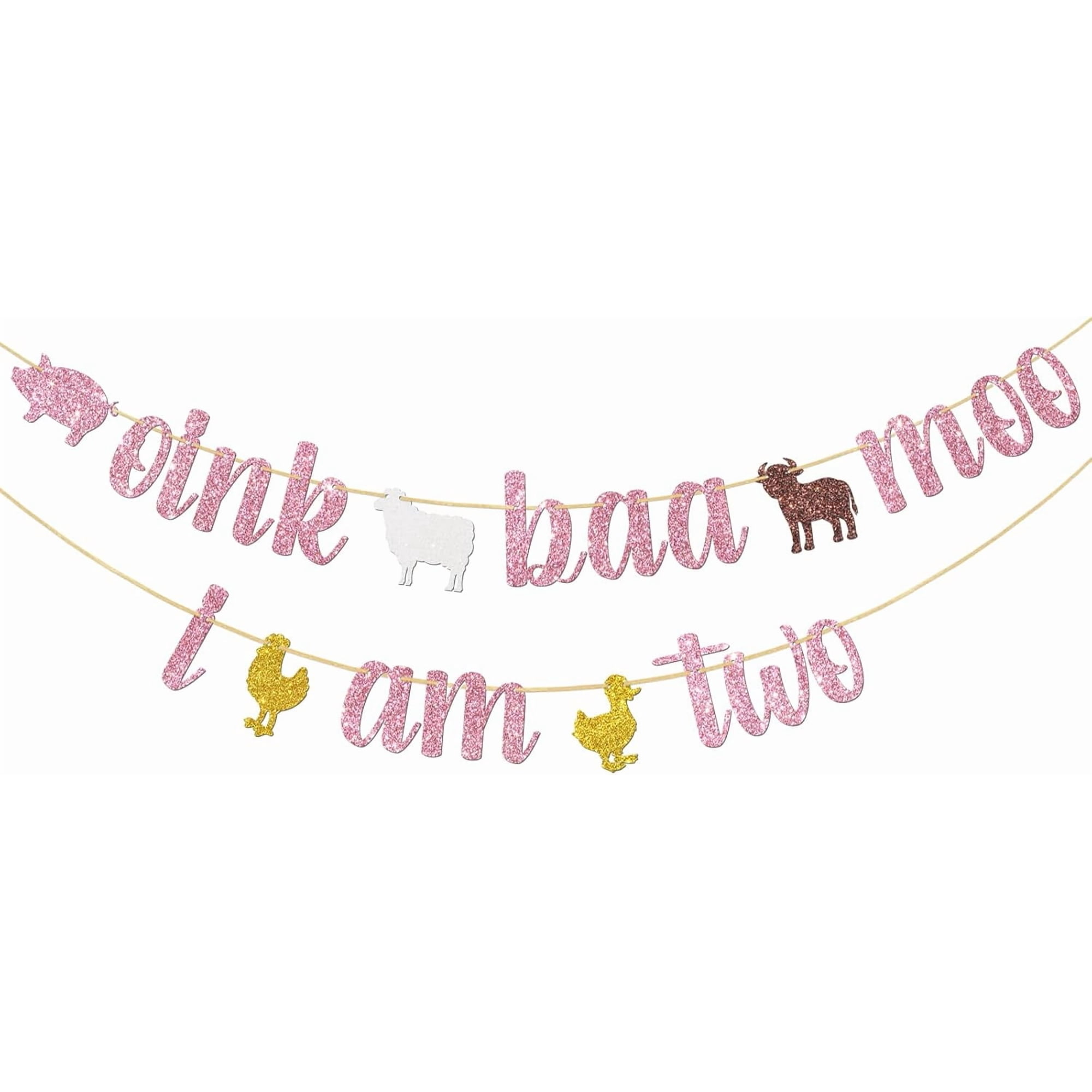 Oink Baa Moo I am Two Banner, Farm Animal 2nd Birthday Party Decorations for Girls, Farm Animals Theme Barnyard Second Birthday Party Supplies, Pink Glitter