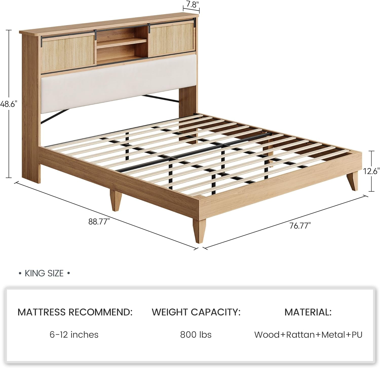 King Size Rattan Bed Frame with Headboard & Storage Shelves, Boho Solid Wood Platform Bed, Sliding Door Shelf, Noise-Free, No Box Spring Needed