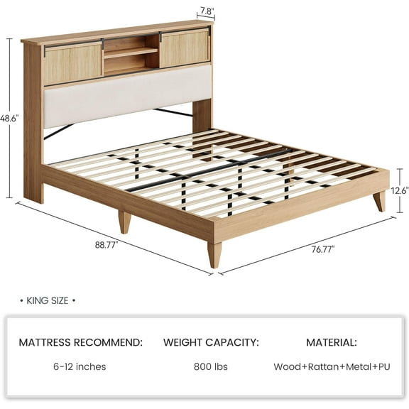 Rattan King Bed Frame with Headboard & Storage Shelves, Boho Rattan Bed Frame King Size, Solid Wooden Bed Foundation with Sliding Door Shelf, Noise-Free, No Box Spring Needed & Easy Assemble