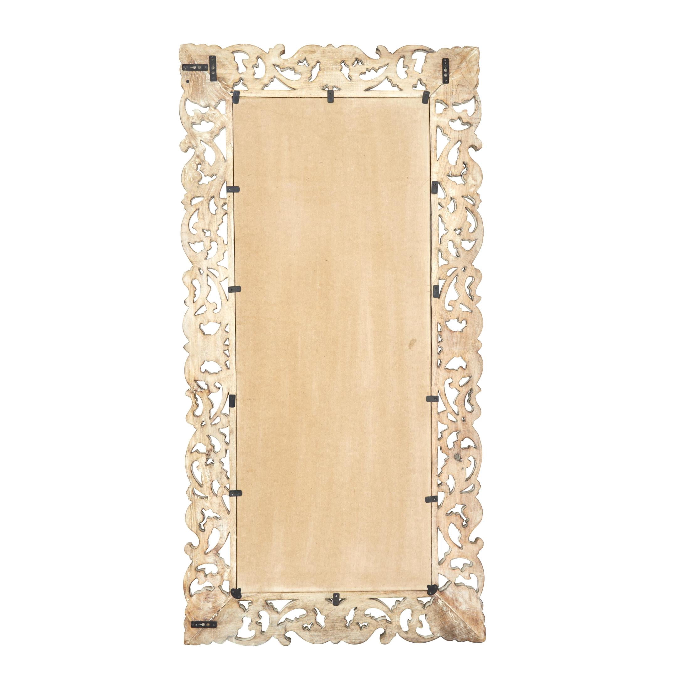 DecMode 36" x 72" Light Brown Washed Carved Scroll Wall Mirror