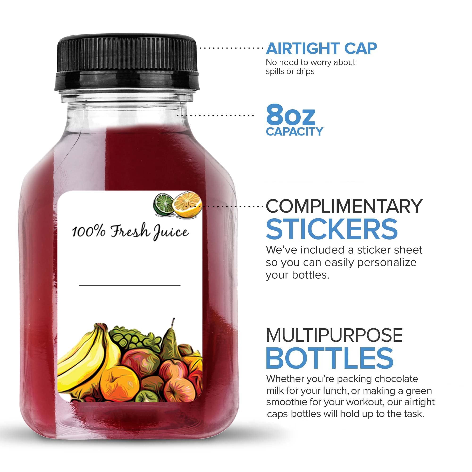8 oz Juice Bottles with Caps - Reusable Clear Plastic Drink Containers (12 pack) - Mini Water Bottles with Labels, Brush & Funnel