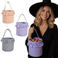thumbnail image 4 of Mskk Halloween Plaid Cloth Treat Bucket, Ruffle Rim Checkered Fabric Candy Carrier Basket, Reusable Handheld Goodie Basket For Kids Cosplay Trick Or Treat Halloween Costume Party Decoration, 4 of 4