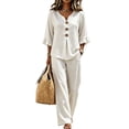 thumbnail image 5 of LEKODE Halter Neck Linen Set for Women 2 Piece Sets Ruffle Tops Pants Set Short Sleeves V Neck Lounge Sets for Women Flowy Set Plus Size Slim Fit Top Gauze Shirts Dressy Casual White L, 5 of 5