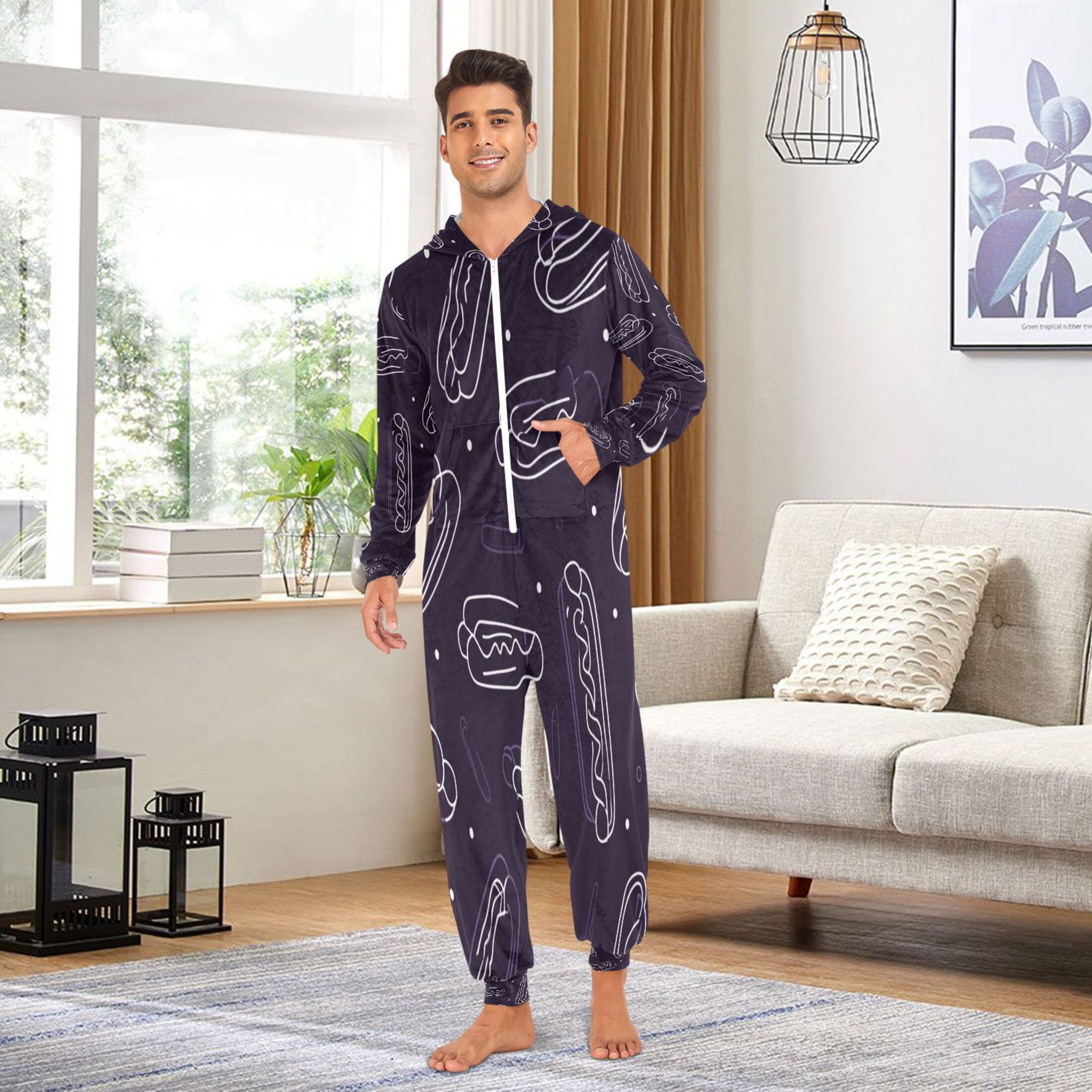 1-Pack Onesie Jumpsuits For Men&Women Winter One Piece Zipper Pajamas Playsuit Hot Dogs Vector Illustration