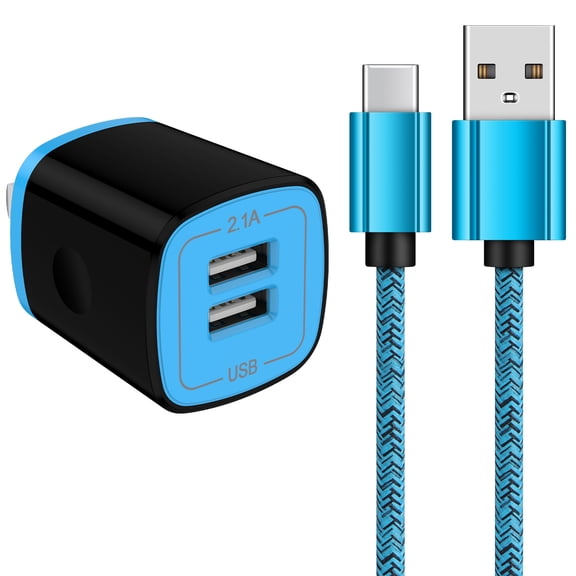 Type C Charger USB C Cable Fast Charging Cable 6FT with USB Wall Charger Block,Type C Cable Charging Cords USB-C with 2 Port USB Charger Block Phone Cables for Android Charger, Blue