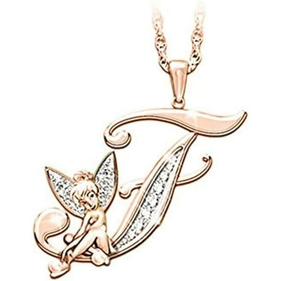 14K Rose Gold Finish Round Cut White Diamond 925 Sterling Silver Diamond Cute Elf Angele With F Initial Letter Pendant Necklace for Women
