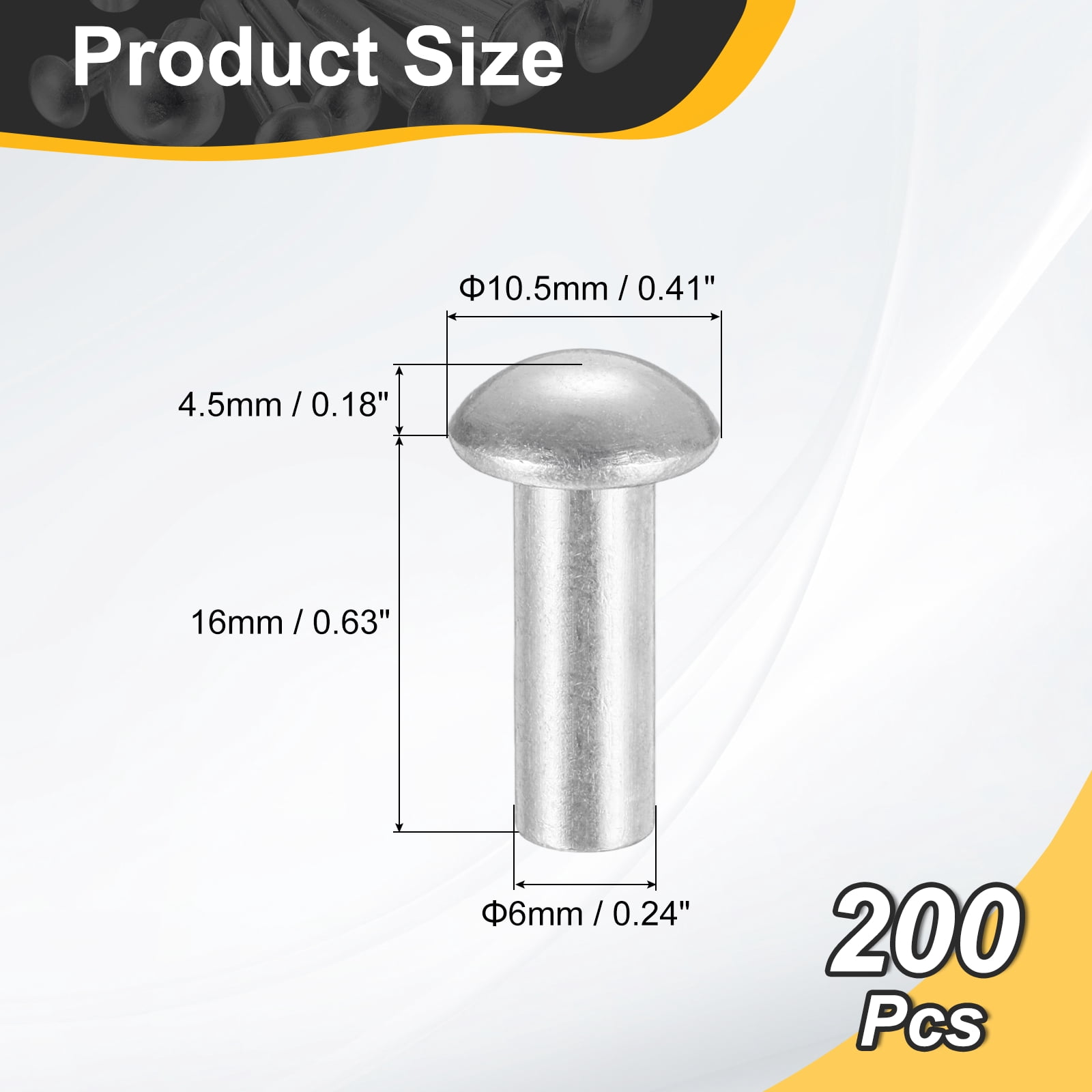 200Pack Brazier Head Rivets, M6 x 16mm Aluminum Solid Rivets, Silver Tone
