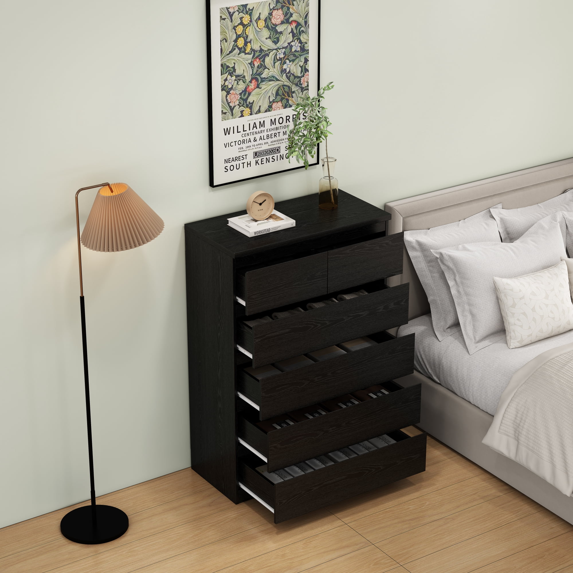 Leumius 6-Drawer Dresser for Bedroom,Modern Handle-Free Chest of Drawers with 2 Small & 4 Large Drawers,Minimalist Storage Cabinet for Living Room,Closet,Black
