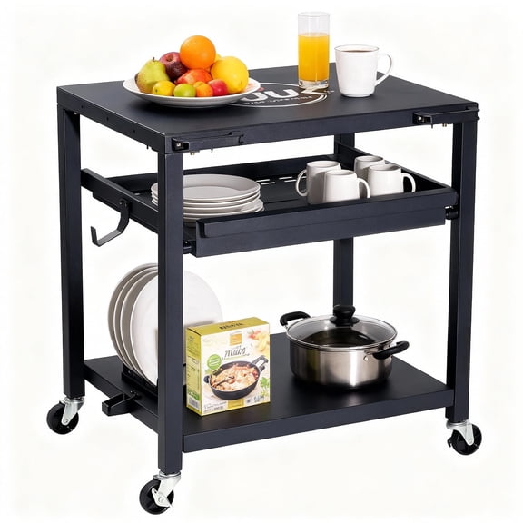 NUUK Outdoor Grill Cart 24x30 Inch, Stainless Steel  Pizza Oven Table with Wheels, 3-Tier Rolling Prep Table, BBQ Cooking Station for Patio, Backyard