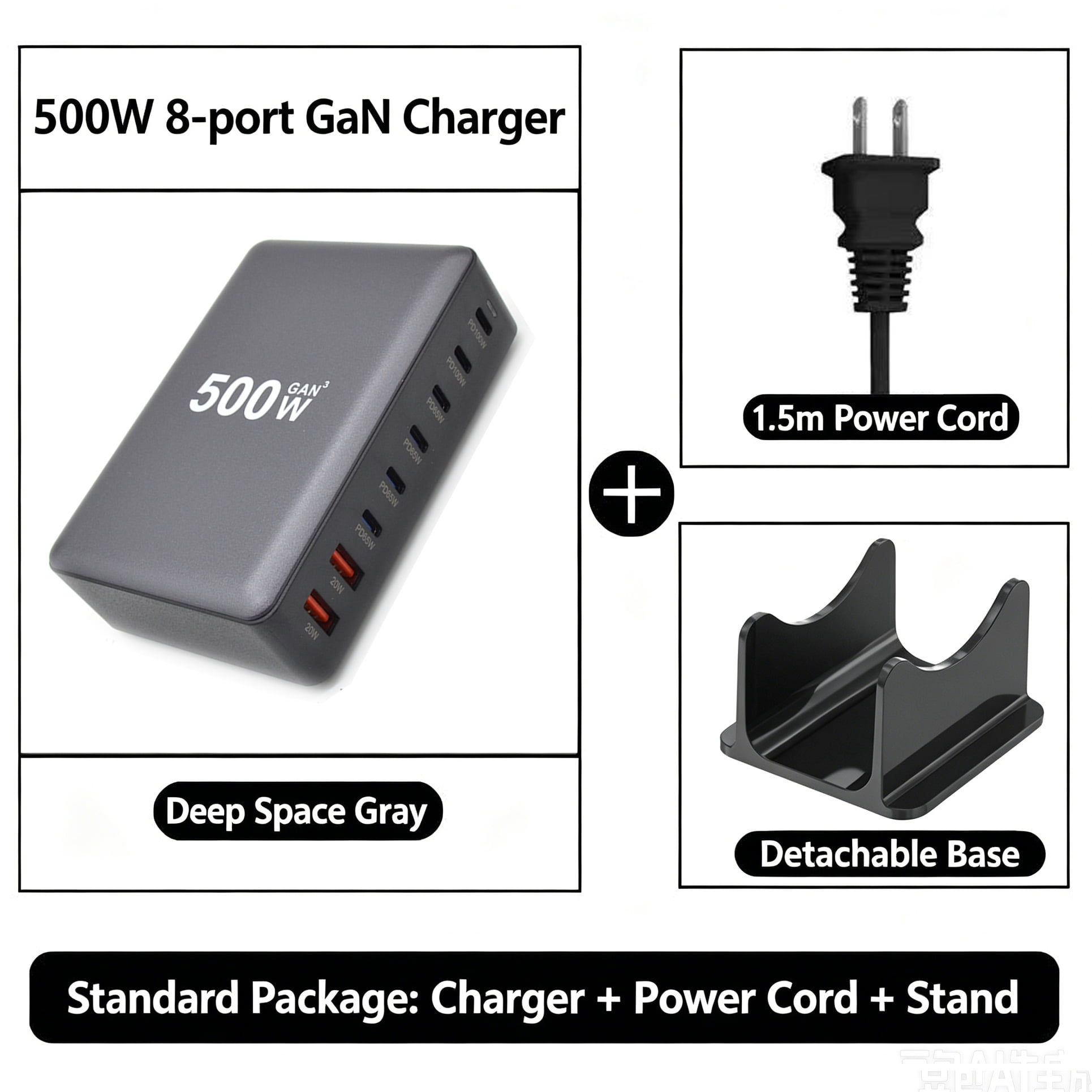 500W GaN 10-Port USB Type C Charging Station, 100W PD3.0 + QC3.0 Fast Charger Hub for Laptop, Phone, Tablet, Smartwatch - Safe & Reliable