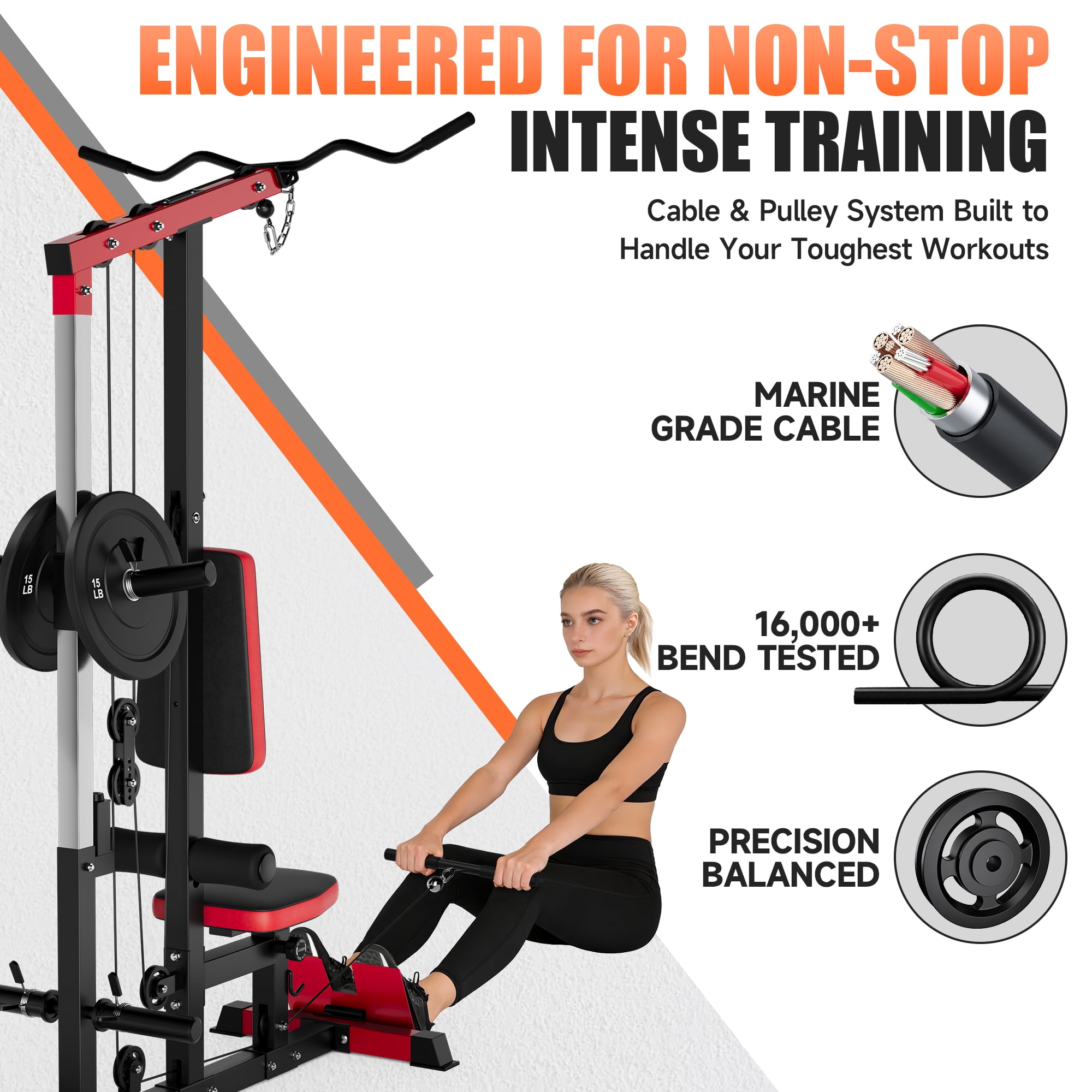 MITONOS 3 in 1 LAT Pulldown Machine,LAT Row Cable Machine with AB Crunch and Cable Row Attachments for Home Gym,High or Low Pulley Stations (Red)