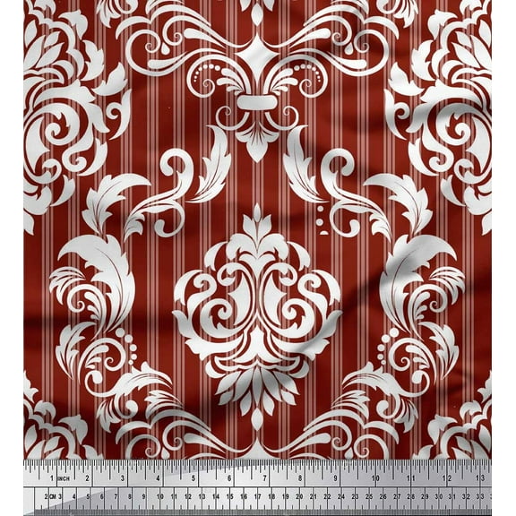 Soimoi Red Cotton Duck Fabric Stripe & Vector Design Damask Decor Fabric Printed Yard 42 Inch Wide