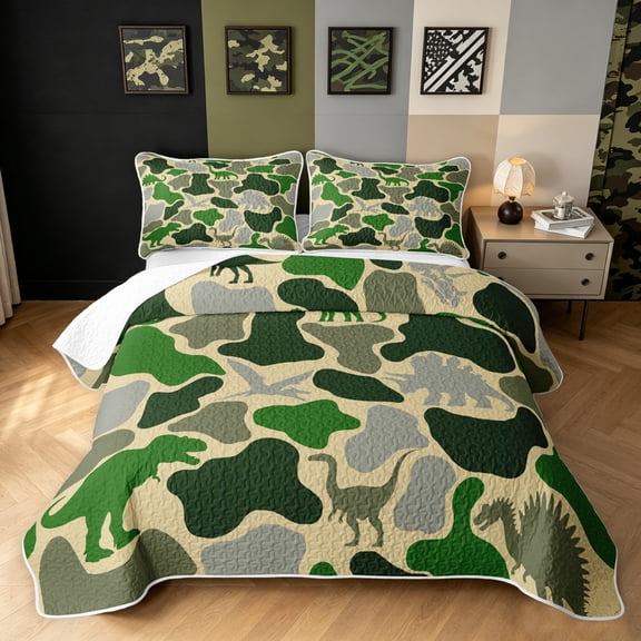 Manfei Minimalst Camouflage Twin Quilt Set, Old Fashion Camo Dino Twin Coverlet Set, Forest Green, 2pcs, 1 Bedspread and 1 Pillowcase