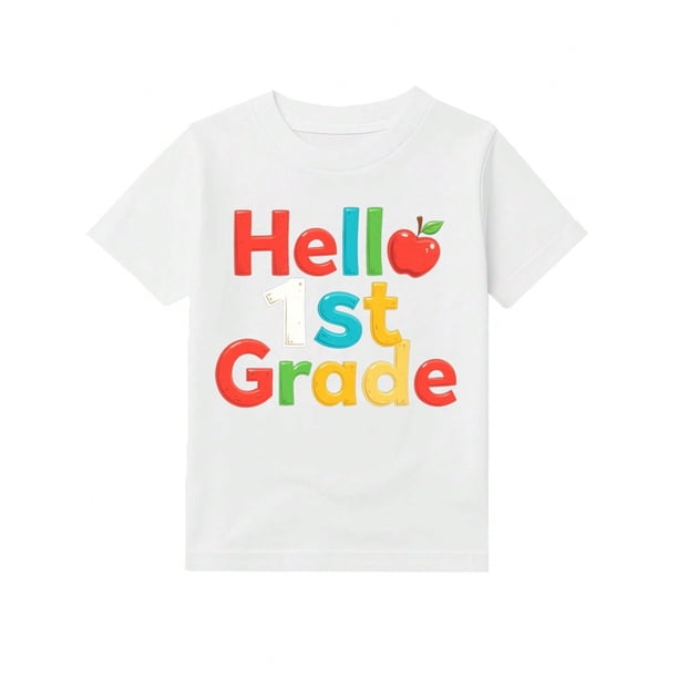 Girls & Boys "Hello 1st Grade" Cotton Graphic Tees, Back To School Clothes Girls, Black Summer Shirts With Multicolor Text, Gift For First Day of School, Round Neck Short Sleeve T-Shirt