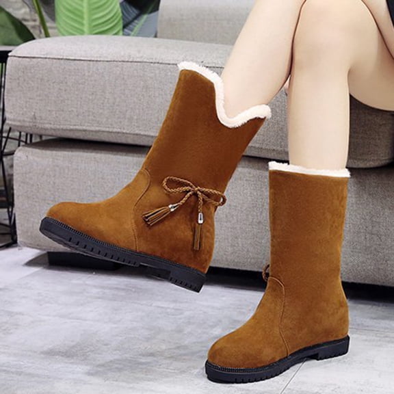 Wavsuf Womens Shoes Flock Short Ankle-High Round Toe Low Heel Thermal with Fuzz Yellow Boots Size 36