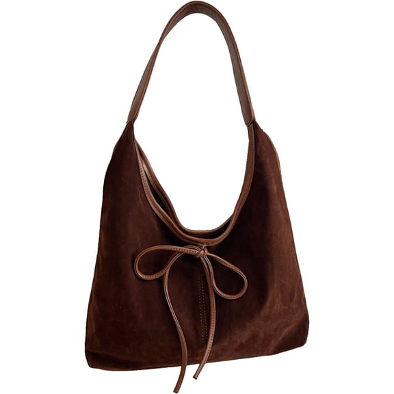 SPEKSEE Suede Shoulder Bag with Bow Y2K Slouchy Hobo Handag Soft Vintage Underarm Purse Retro Trendy Minimalist Spacious Fall Large