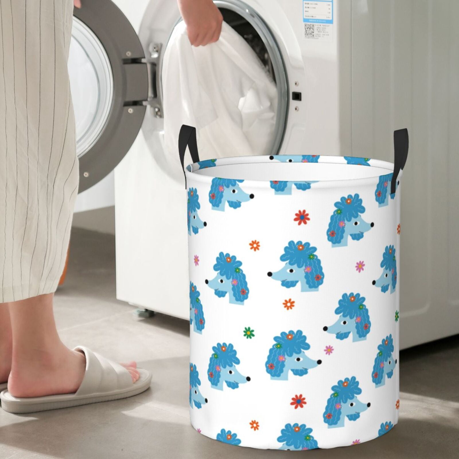 Large Laundry Basket with Handles - Blue Cute Poodle Dog Flower Kids Baby Dirty Clothes Laundry Hamper for Bedroom Aesthetic