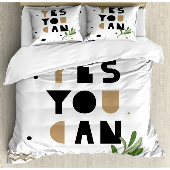 Yes You Can Duvet Cover Set King Size, Calligraphic Image of Encouraging Phrase and Branch, Decorative 3 Piece Bedding Set with 2 Pillow Shams, Charcoal Grey Camel Reseda Green White, by Ambesonne