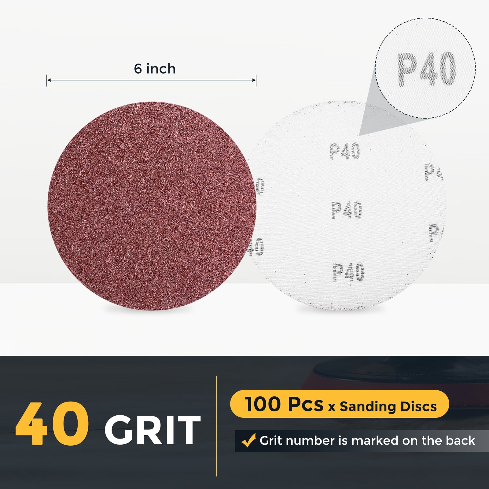 100 Pcs 6 Inch Sanding Disc 40 Grit Hook and Loop Sandpaper Random Orbital Sander Pads for Woodworking Automotive