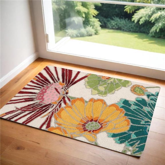 HomeRoots 552667 2 x 3 ft. Floral Hand Carved Handmade Rectangle Area Rug, Ivory, Red & Yellow