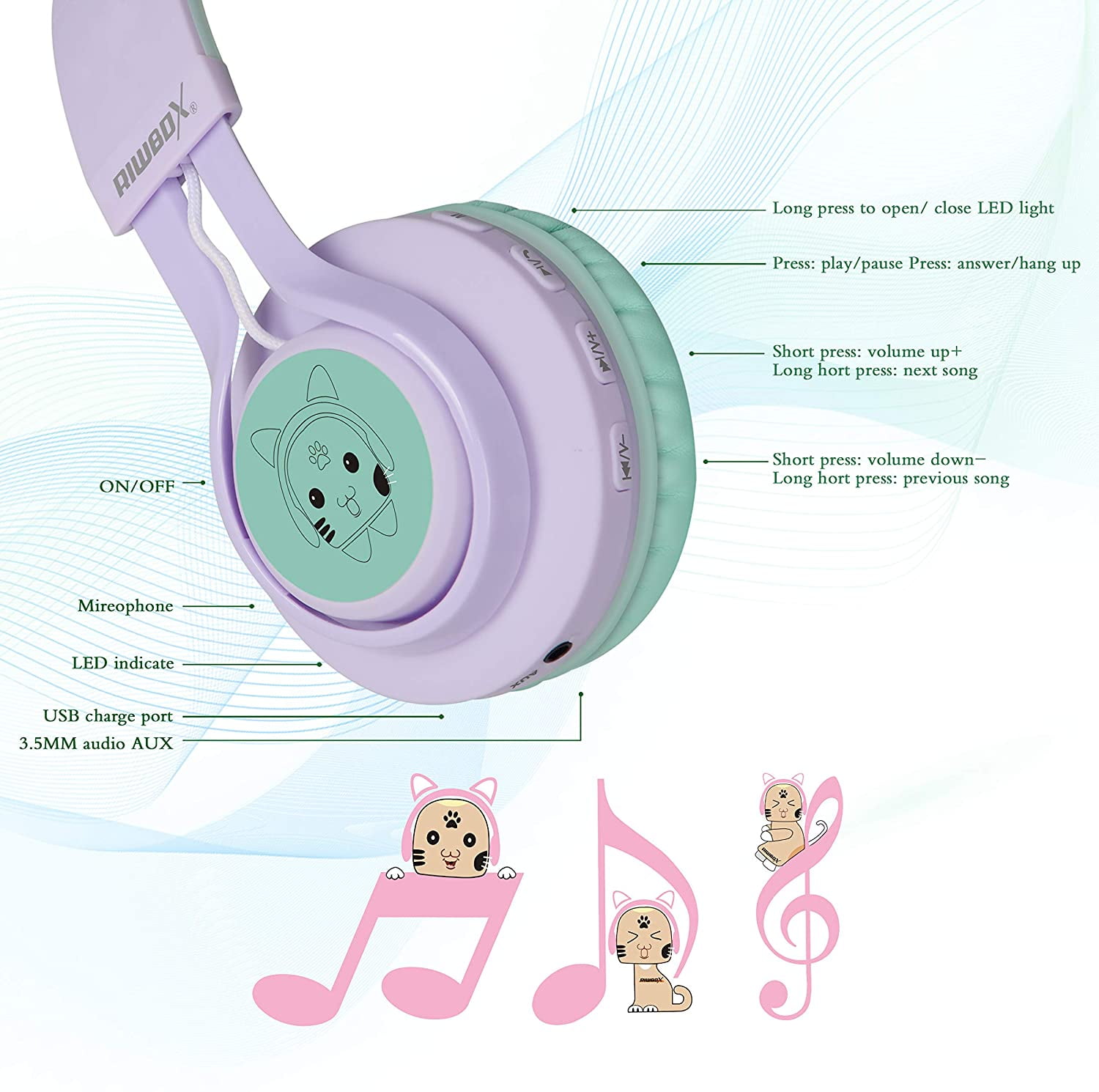Kids Headphones, Riwbox CT-7S Cat Ear Bluetooth Headphones 85dB Volume Limiting, LED Light Up Kids Wireless Headphones Over Ear with Microphone for iPhone/iPad/Kindle/Laptop/PC/TV (Purple & Green)