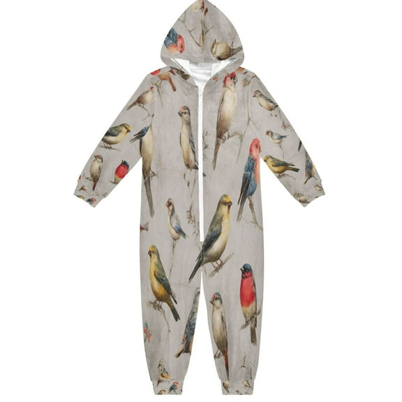 Soft Big Kids Onesie Pajamas Cozy Loose-Fit Jumpsuits for kids with Pockets for Christmas Lounge & Play Birds Pattern