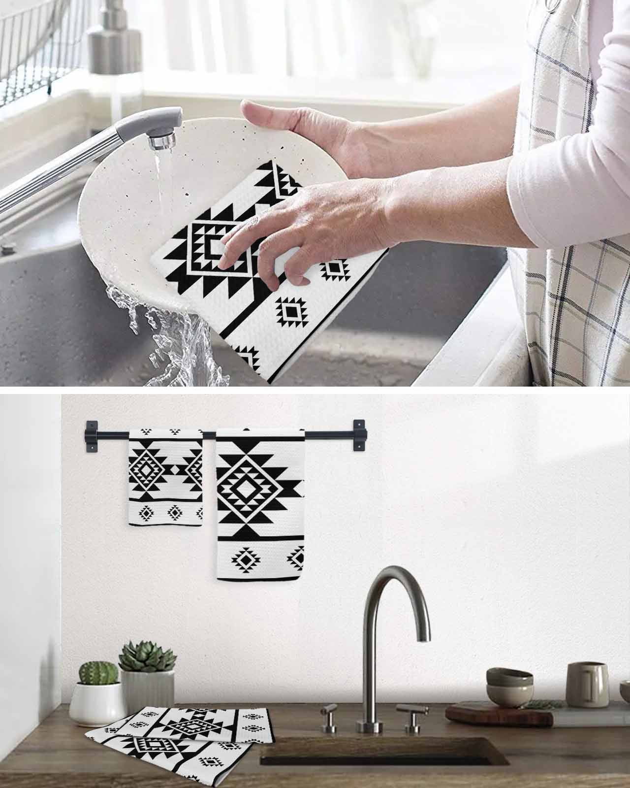 White Black Boho Kitchen Dish Towels for Drying Dishes Set of 3, Southwest Ethnic Abstract Geometric Waffle Weave Microfiber Hand Tea Bathroom Towels Quick Dry & Absorbent Towel 15.7x23.6