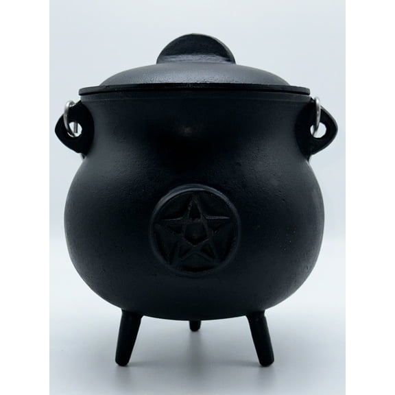 Pentagram Pentacle cast Iron Cauldron with lid and Handle, Witches Cauldron, Great for use with Charcoal Incense, Smudge Sage (Large 7.5 Inches)