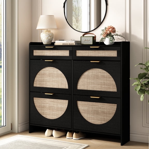 PieDle Arched Rattan Shoe Cabinet with 4 Flip Drawers & 2 Storage Shelves - Freestanding Shoe Storage Hidden Narrow Entryway Shoe Organizer