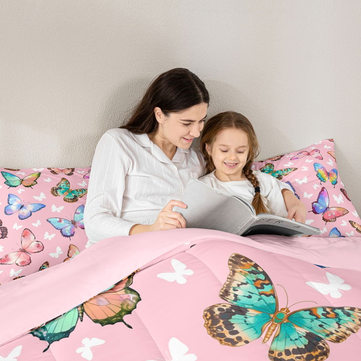 jejeloiu Flying Butterfly 7-Piece Twin Bedding Sets,Cute Multicolor Butterflies Bedding Comforter Set,Colorful Animals Sheet Sets For Girl,Ultra Soft Home Decor Reversible