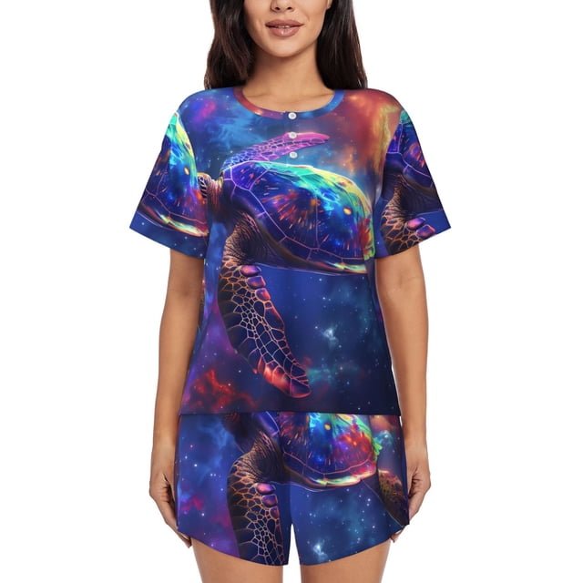 Xecao Starry Sky Turtle Pattern Women's Short Sleeve Pajama Set Soft Sleepwear Lounge Set with Button Front Top and Drawstring Shorts with Pockets-3X-Large