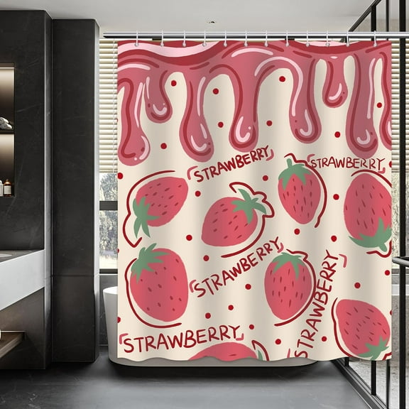 Strawberry Shower Curtain Pink Strawberry Cake Shower Curtain Cute Modern Cartoon Fruit Cake Pattern Birthday Gift Holiday Party Bathroom Decor with 12 Hooks72x72 inches