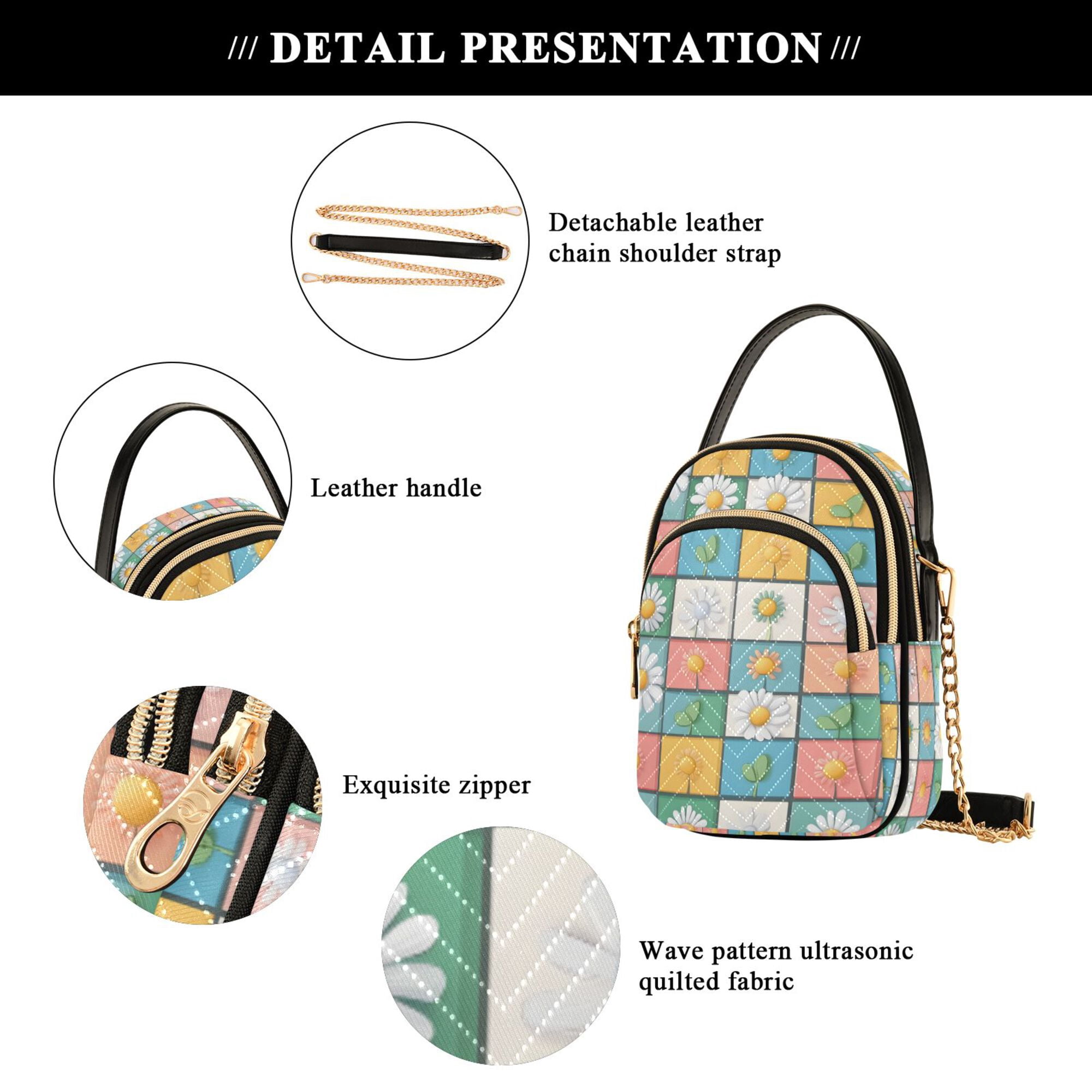 FORMRS Crossbody Bag for Women Quilted Travel Shoulder Cell Phone Purse with Chain Strap Handbag, Daisy Mosaic
