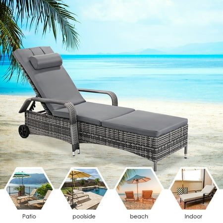 Costway 2PC Rattan Chaise Lounge Chair Recliner Cushioned Patio Furni
