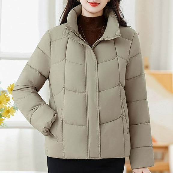 AUNVITO Women's Quilted Winter Coat Long Sleeve Hoodless Solid Color Polyester Casual Outerwear