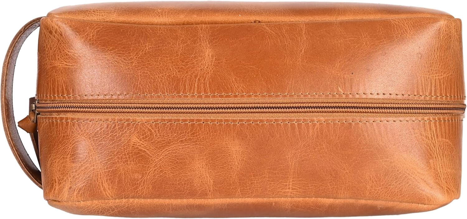 RusticVintage Genuine Leather Toiletry Bag, Cosmetic Case, Classy Dopp Kit For Man Shaving Kit Organizer Travel Kit Pouch Bridesmaid Gifts Hanging Toiletry Case, Makeup Bag - Large Size (Tan)