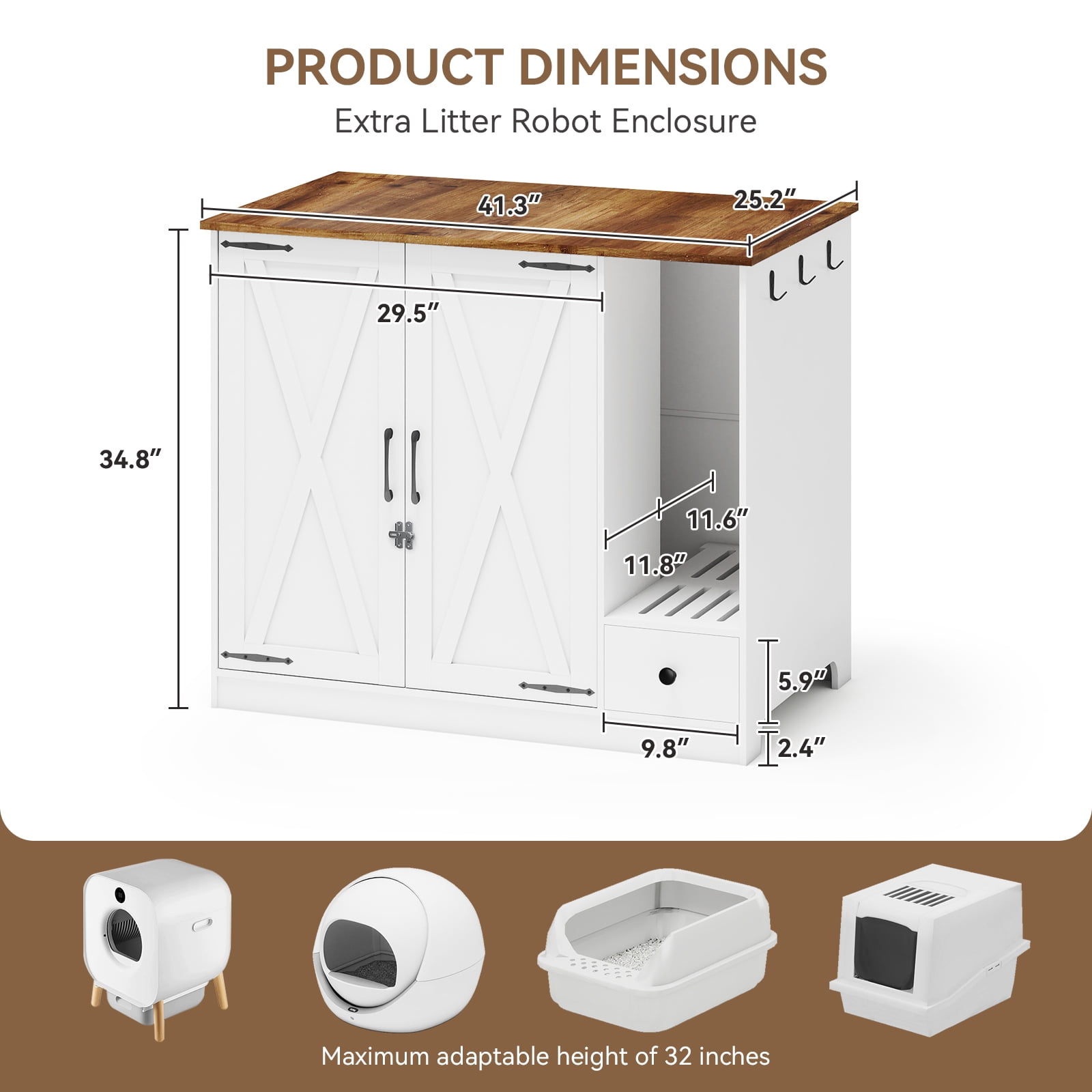 FULLWATT Large/Tall Cat Litter Enclosure, Litter Box Furniture Hidden, Cat Litter Box Enclosure Cabinet Large with Double Doors and Pull-Out Drawer for Self-Cleaning Litter Boxes