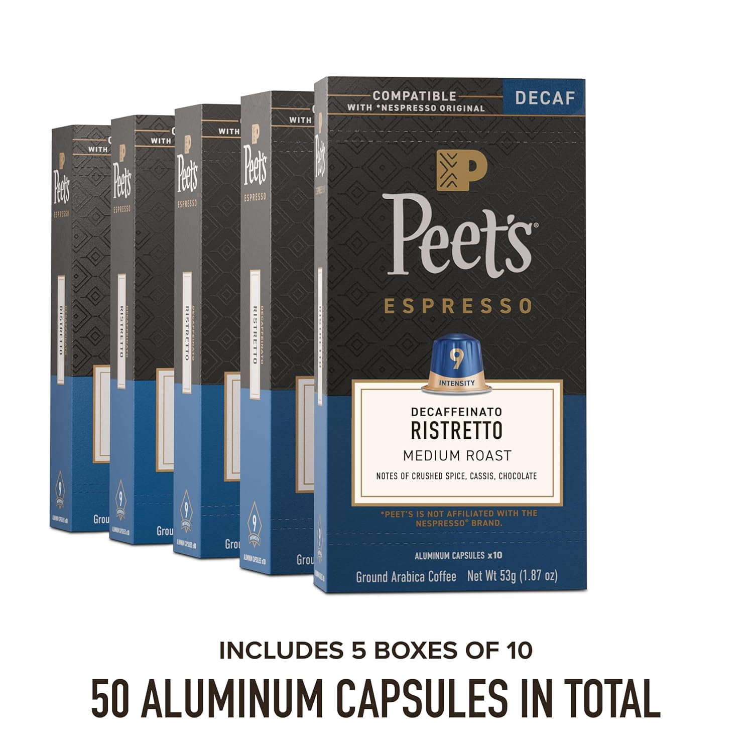 Peet's Coffee, Medium Roast Decaf Espresso Capsules, Compatible with Nespresso Original Machine, Decaffeinated Arabica Coffee - Decaf Ristretto Intensity 10, 50 CT (5 Boxes of 10 Espresso Capsules)