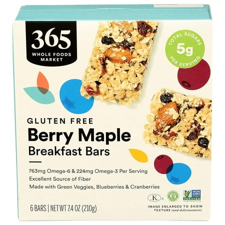365 Whole Foods Market | Breakfast Bars - Gluten Free 763 g Omega High Fiber Made with Veggies & Fruits Gluten Free | Berry Maple (6) Bars