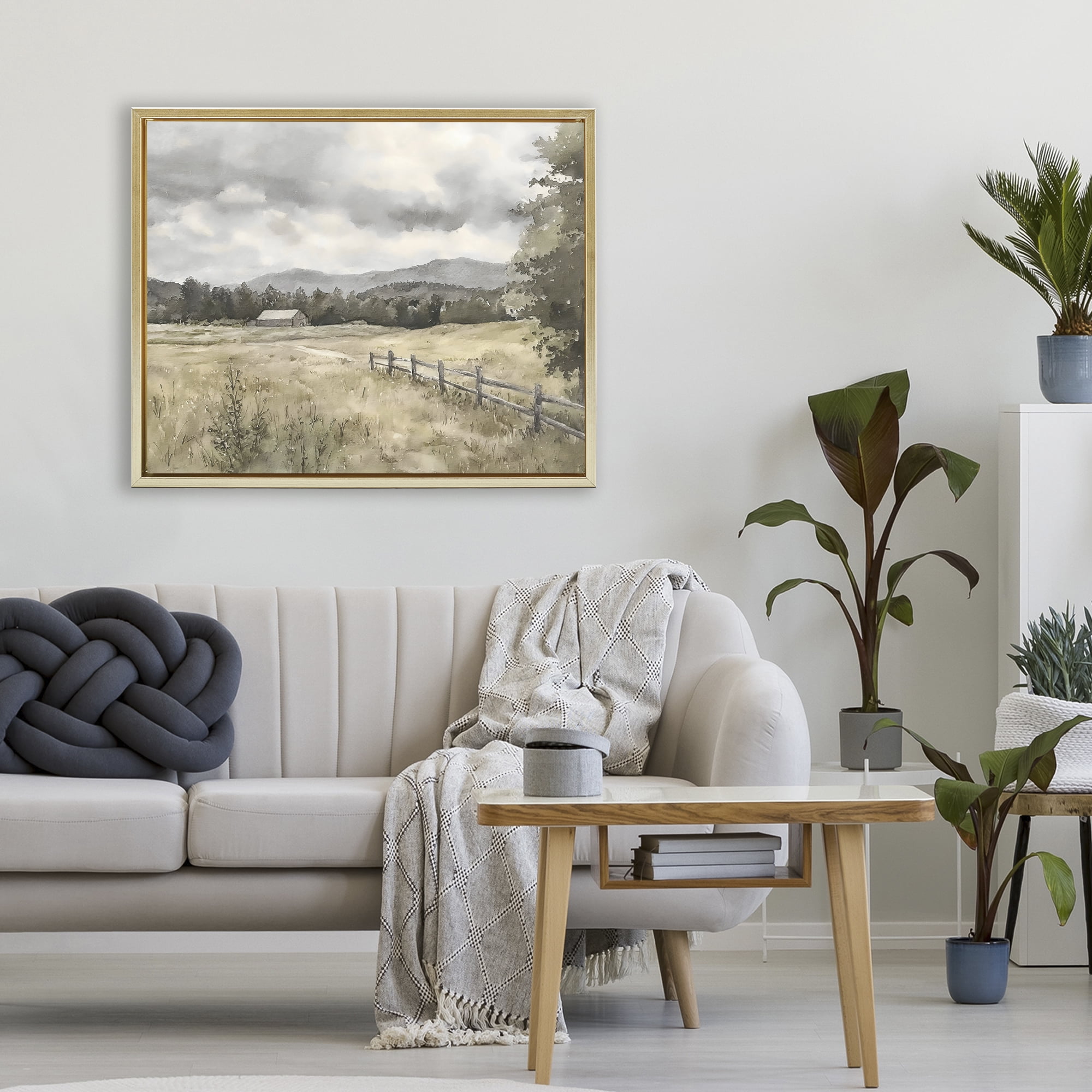 Stupell Industries Muted Valley Cottage Gold Framed Floater Canvas Wall Art, design by Riley B