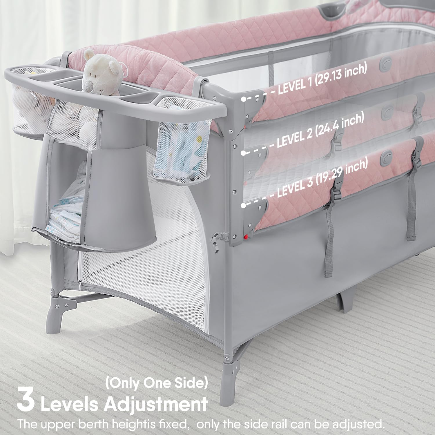 ADOVEL Baby Bassinet Bedside Crib, Pack and Play with Mattress, Diaper Changer and Playards from Newborn to Toddles,Pink